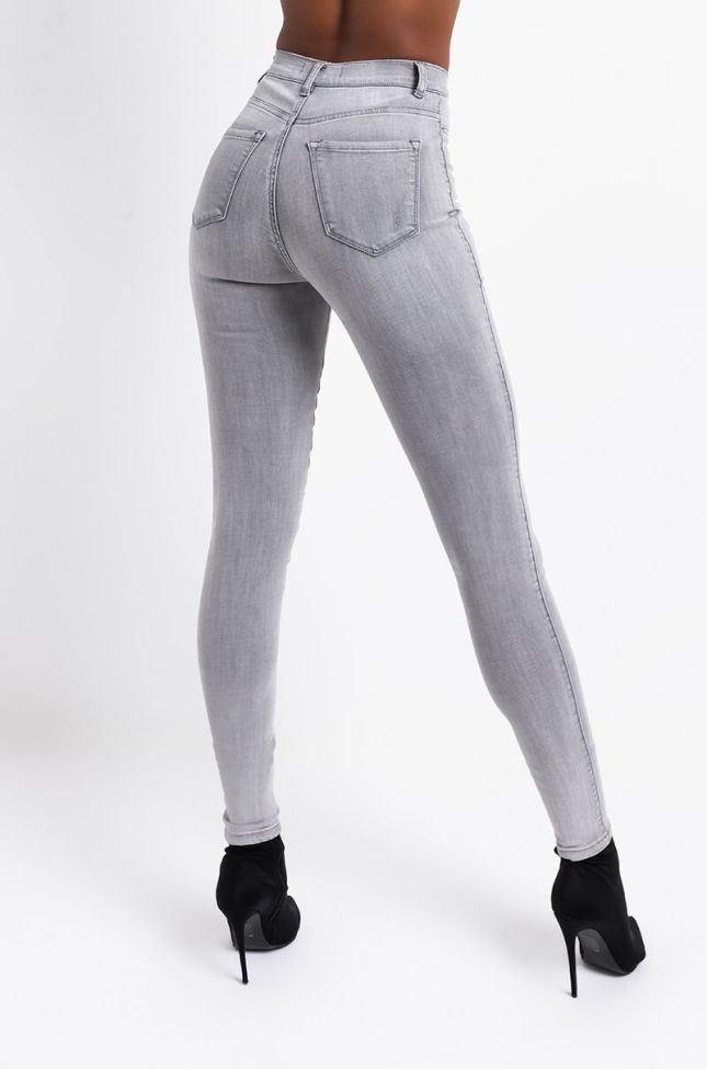 Back View Extreme Stretch High Waisted Skinny Jeans in Grey