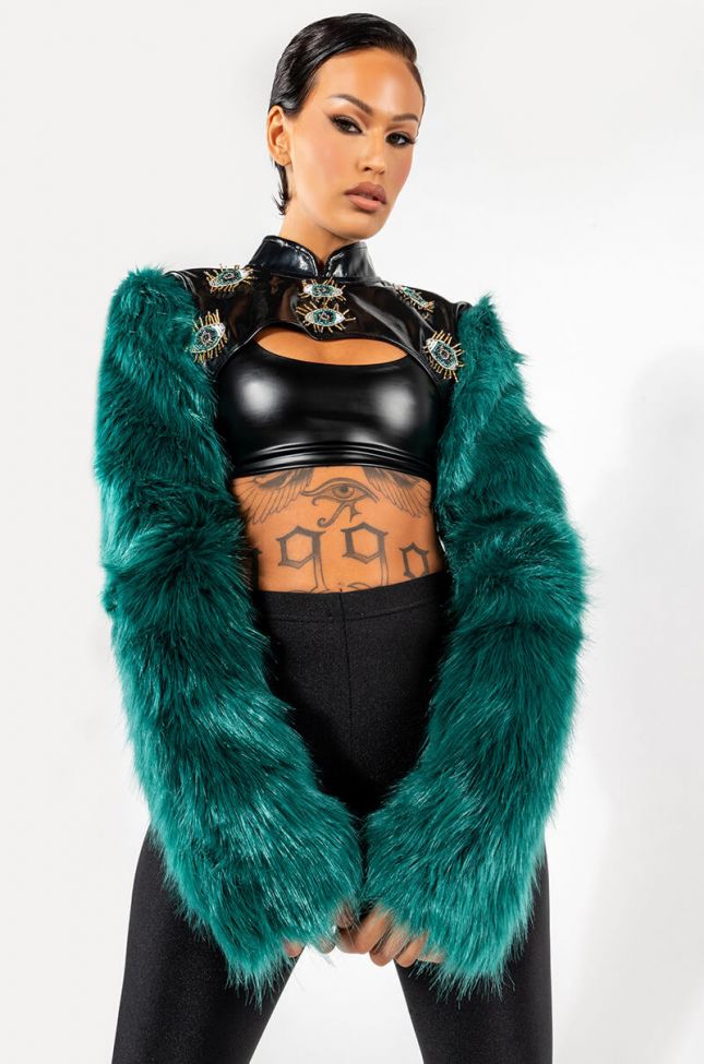 Front View Eye Of The Beholder Faux Fur Long Sleeve Crop Top
