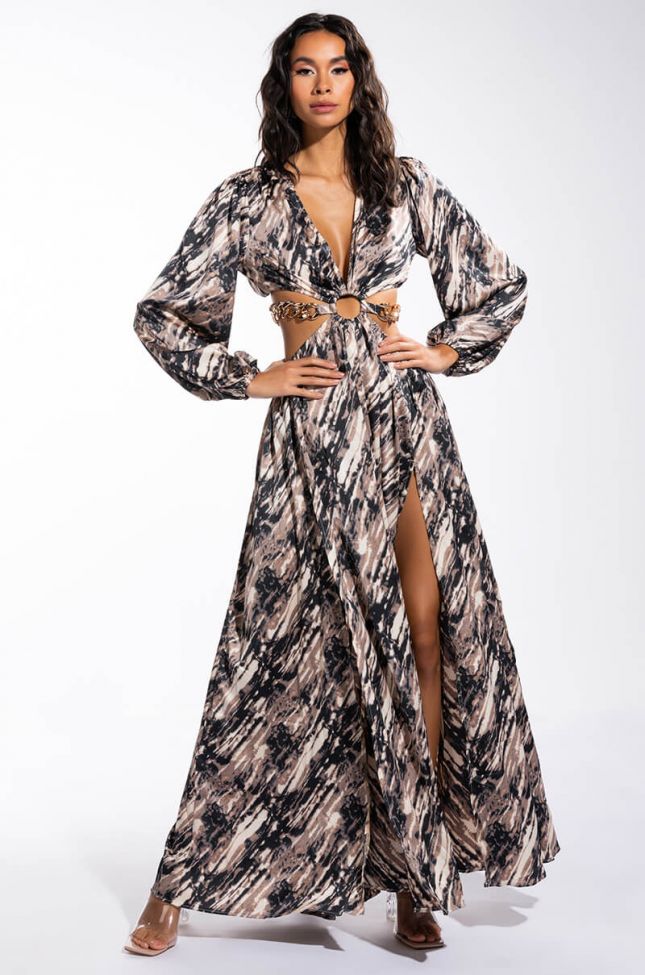 Front View Eye Of The Tiger Chain Belt Maxi Dress
