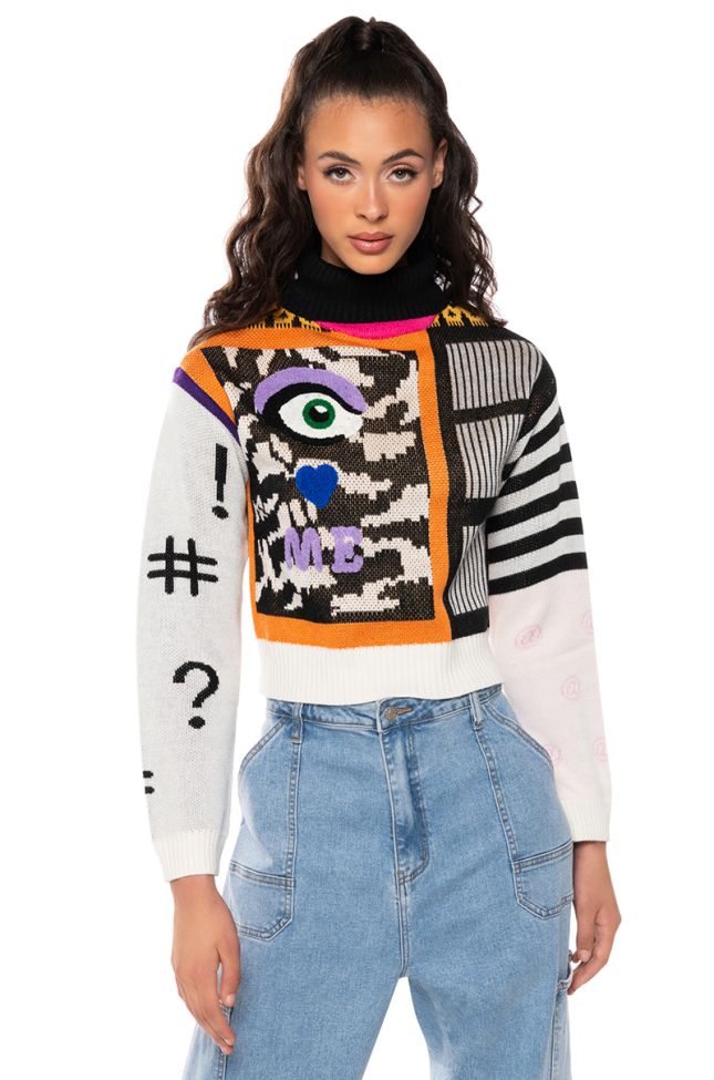 Front View Eyes On Me Graphic Turtleneck Sweater