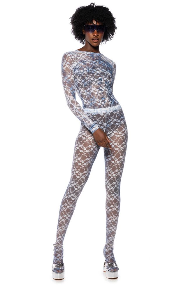 Front View Faded Denim Lace Set