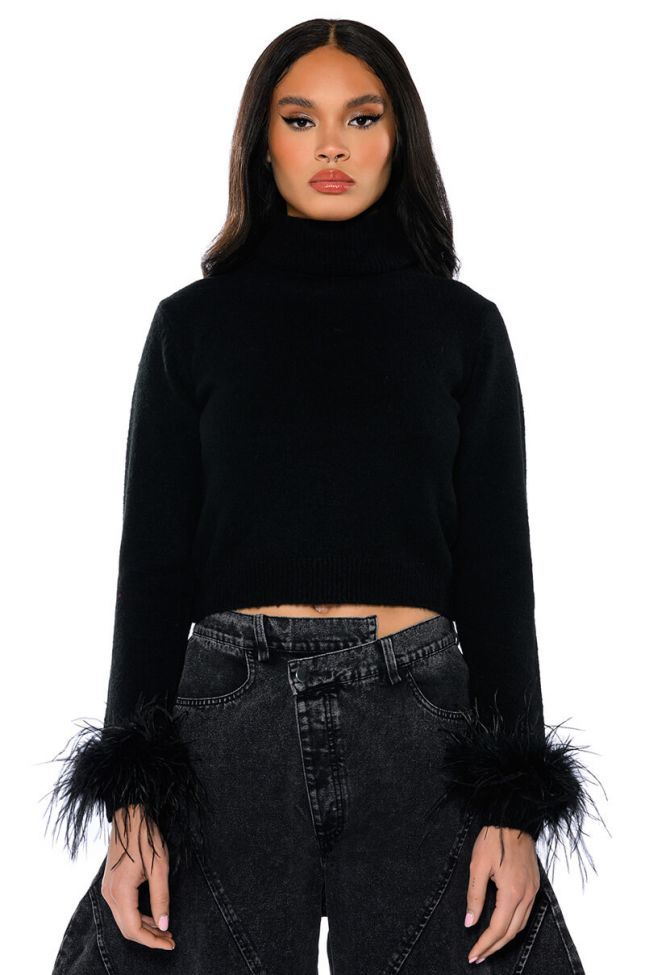FANCY HUH FEATHER CUFF MOCK NECK SWEATER