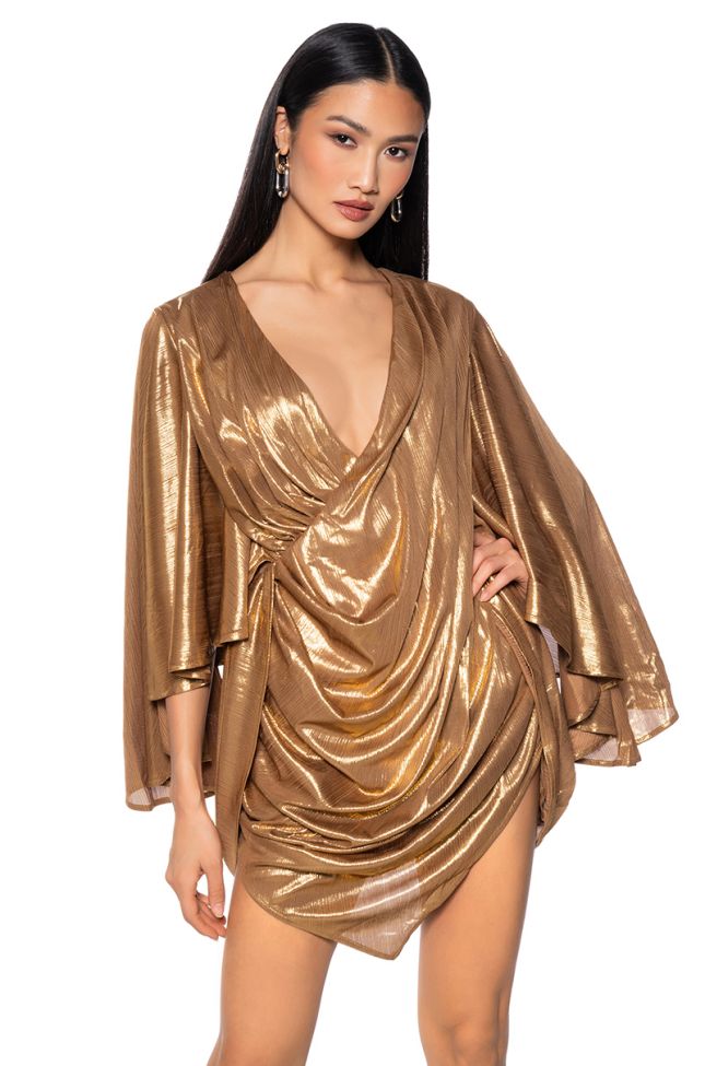 Front View Fantasy Draped Metallic Mini Dress In Gold