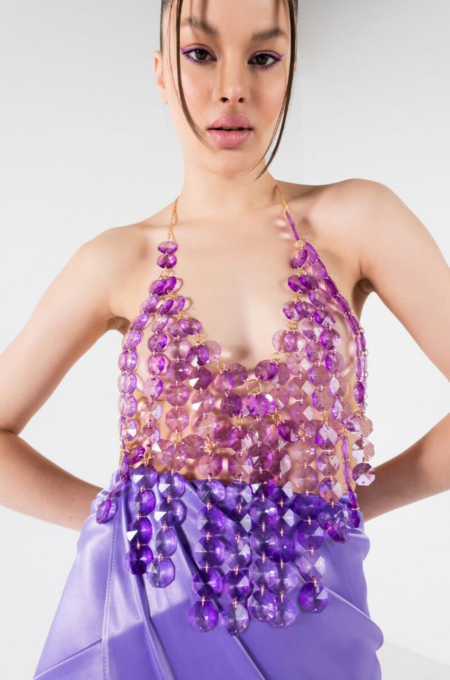 Front View Fantasy Drip Purple Vixen Bra Body Chain Harness