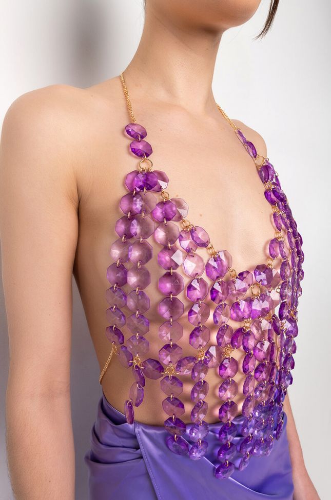 Front View Fantasy Drip Purple Vixen Bra Body Chain Harness