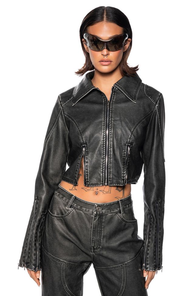 Front View Fast Lane Faux Leather Moto Jacket