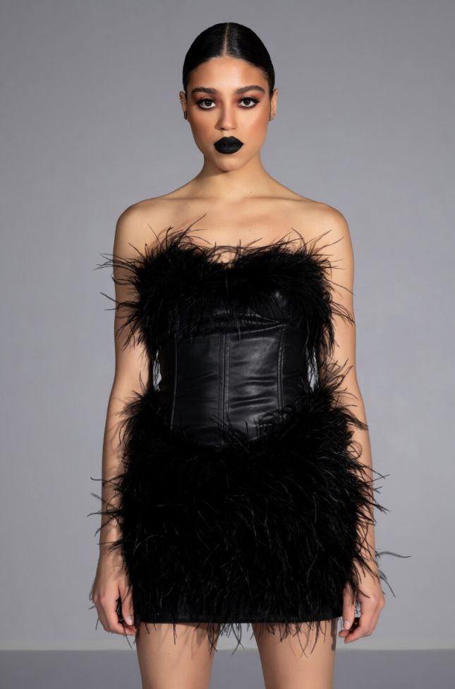 Front View Fatal Attraction Feather Detailed Mini Dress