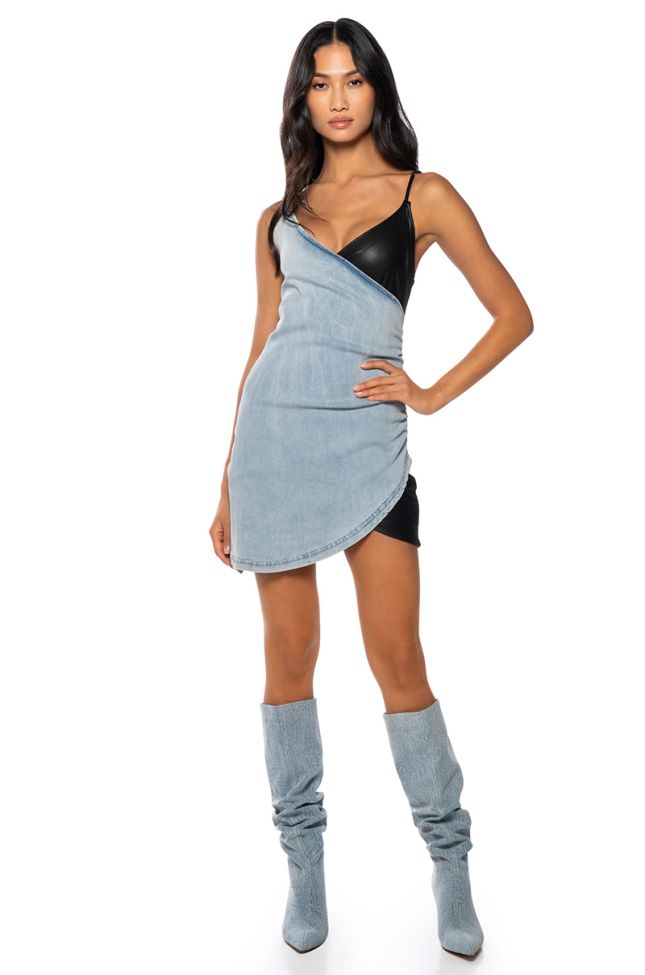 Side View Faux Leather And Denim Cross Front Tank Mini Dress
