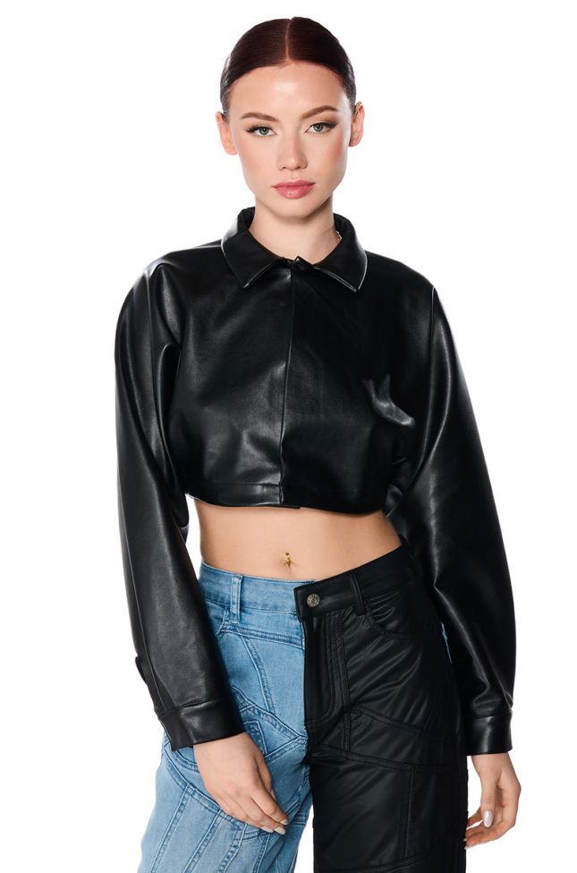 Front View Faux Leather Cropped Button Down Shirt