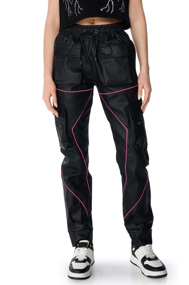 Front View Faux Leather Jogger Pant With Pink Piping