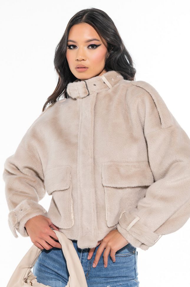 Front View Faux Mink Fuzzy Utility Bomber