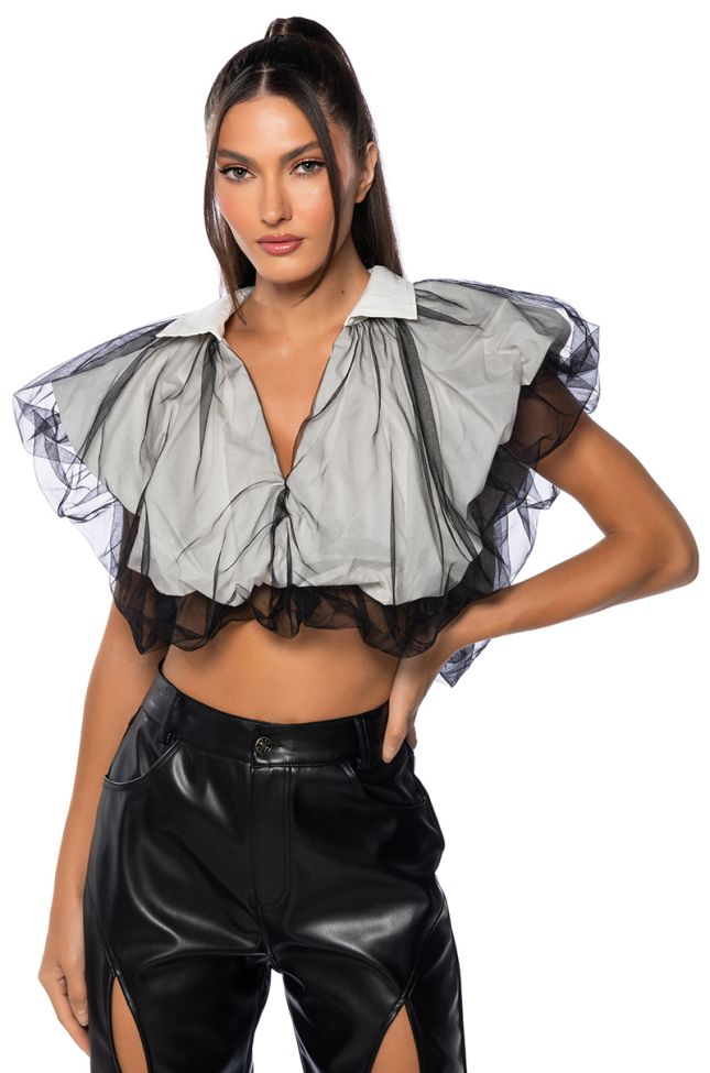 Front View Feelin Chic Tulle Collared Blouse