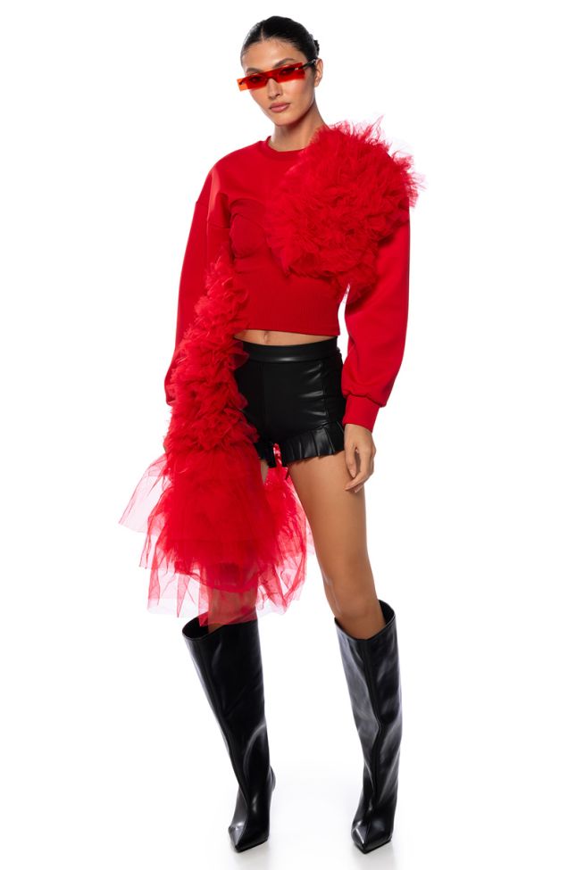 Front View Feeling Red Cascading Tulle Detail Sweatshirt
