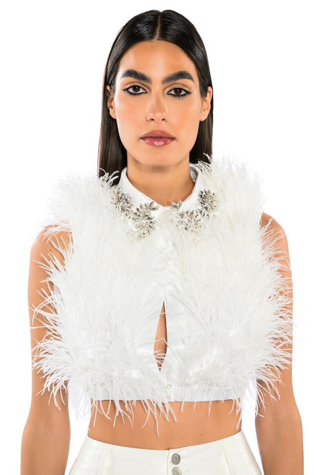 Front View Feisty Sleeveless Feather Blouse