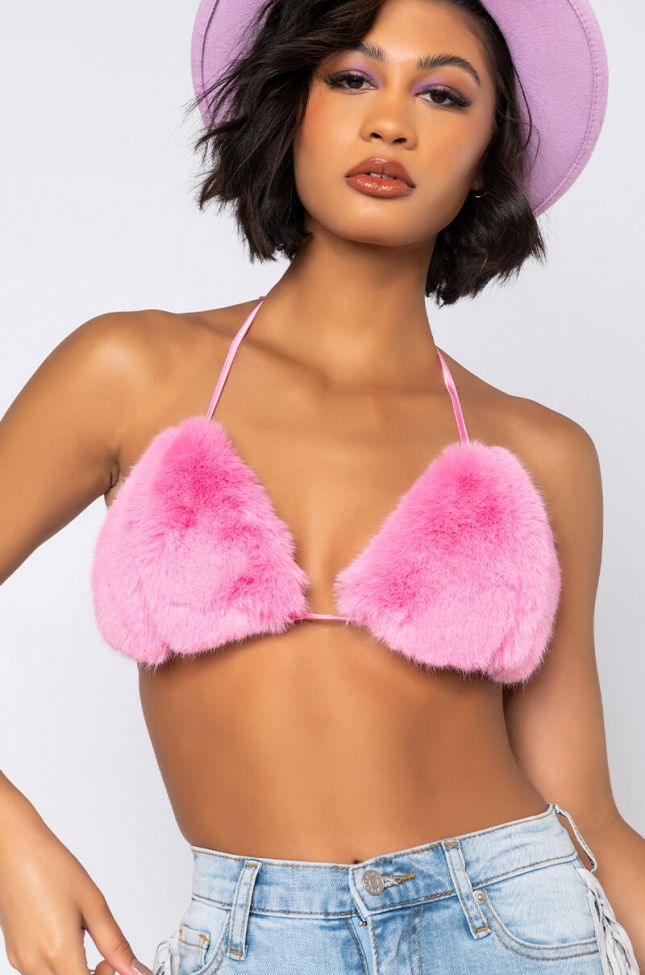 Detail View Femme Babe Fur Bra Top in Pink