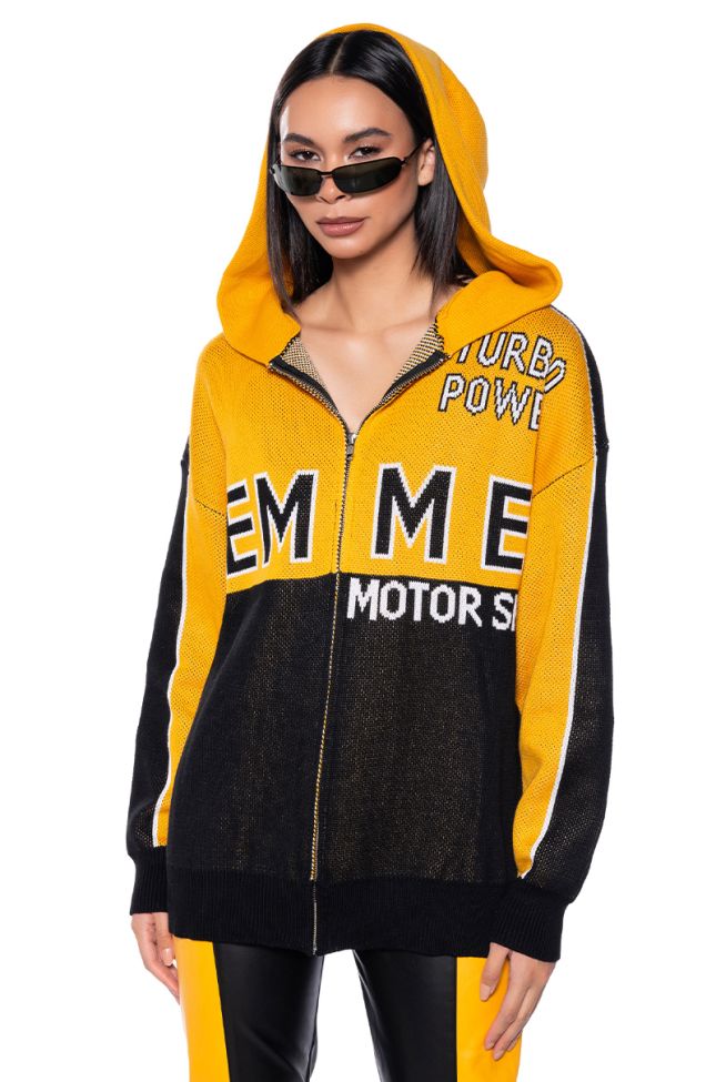 Front View Femme Racing Oversized Knit Hoodie