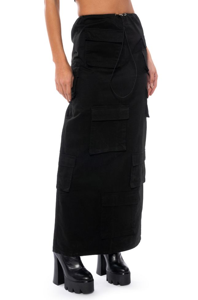 Front View Field Of Dreams Cargo Maxi Skirt In Black