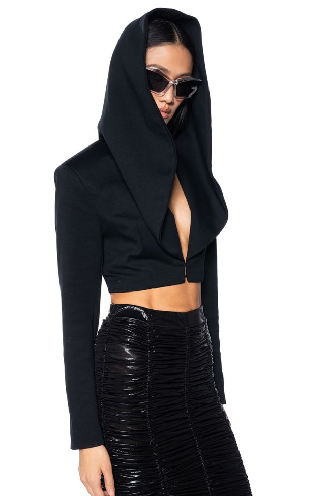Front View Fifth Avenue Hooded Crop Blazer