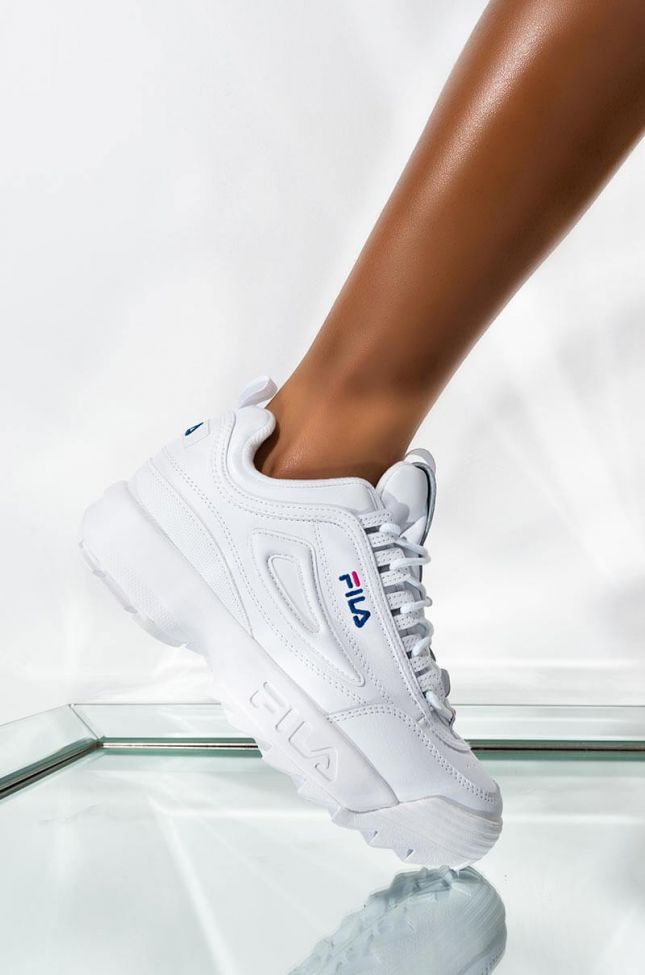 Front View Fila Womens White Disruptor Ii Premium Sneaker With Pink Blue Lo in White Amparo Blue Magento