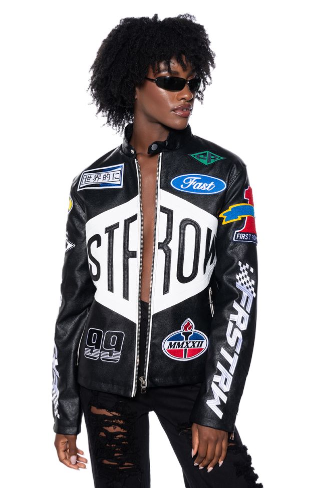 Back View First Row Oversized Faux Leather Moto Jacket