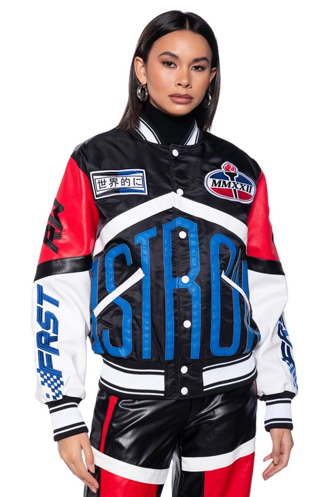Front View First Row Oversized Faux Leather Racing Bomber
