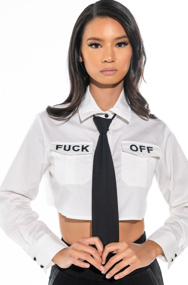 Front View F**k Off Button Down Crop Top