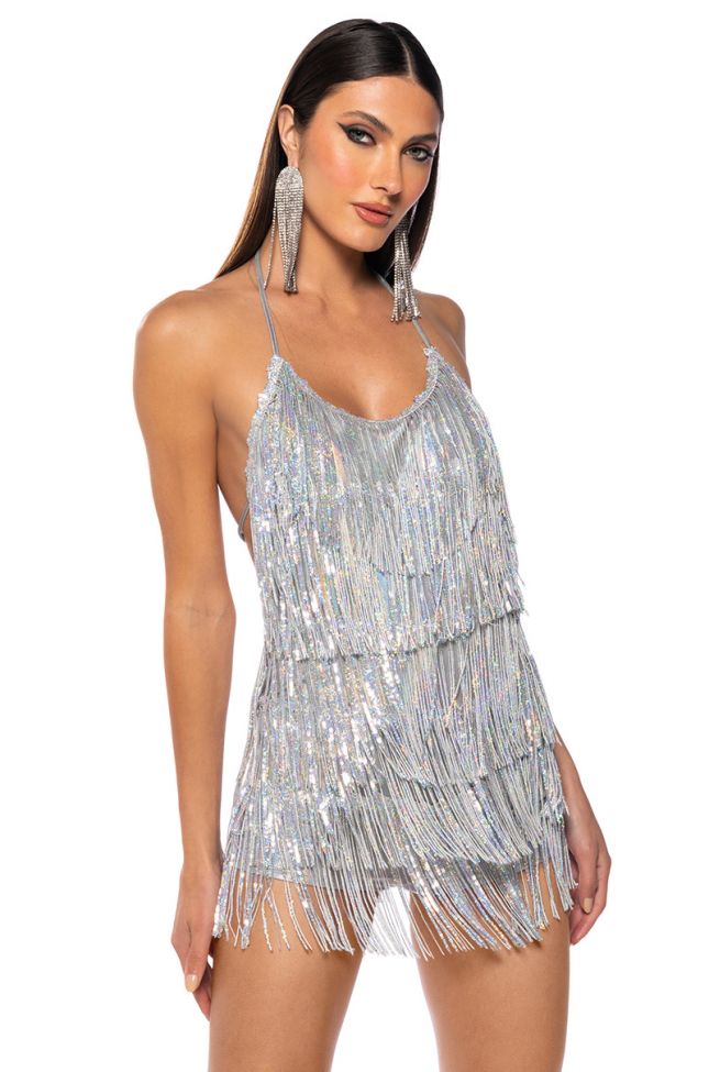 Front View Flapper Fringe Romper In Silver