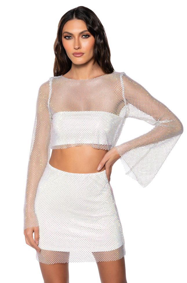 Front View Flashing Lights Rhinestone Mesh Long Sleeve Top In White