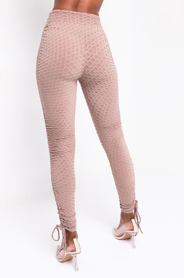 Back View Flawless Ruched Side Tie Legging in Light Brown
