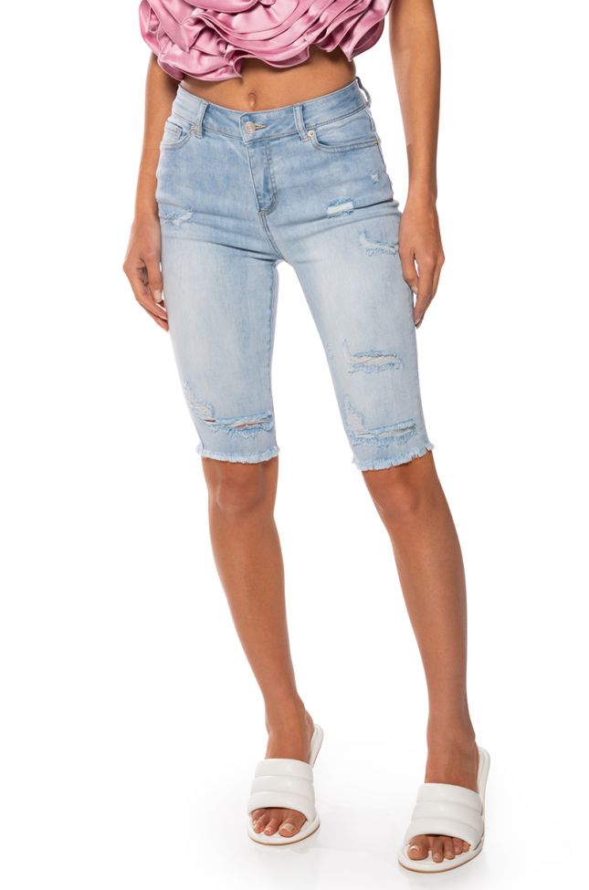 Front View Flex Fit Extreme Stretch Distressed Bermuda Shorts