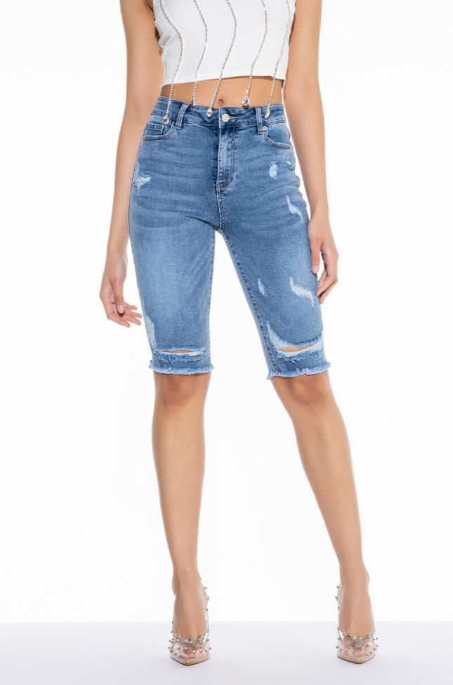 Front View Flex Fit Extreme Stretch Distressed Bermuda Shorts
