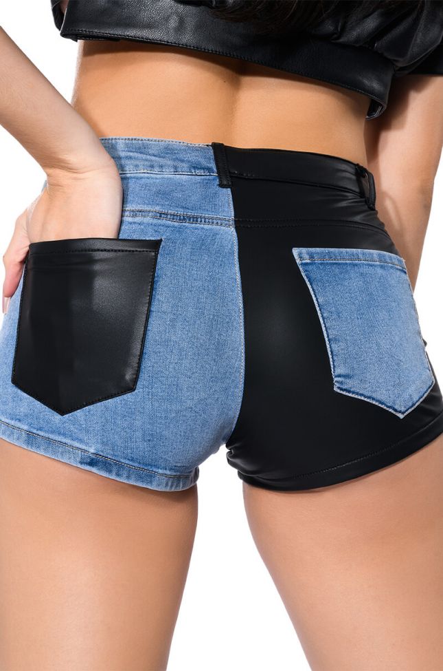 Front View Flex Fit Extreme Stretch Faux Leather And Denim Shorts