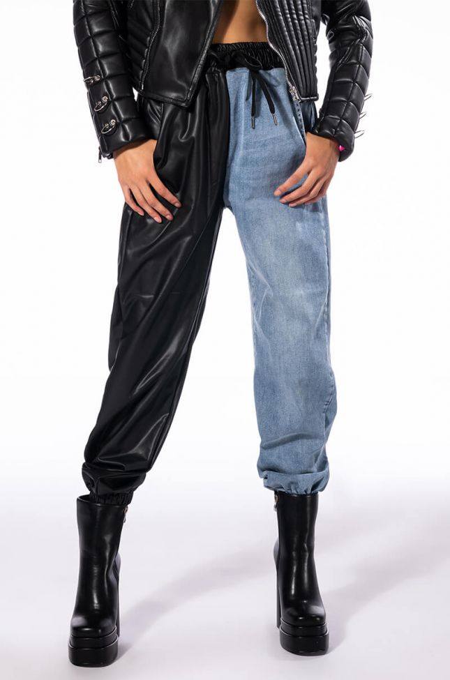 Front View Flex Fit Extreme Stretch Half And Half Faux Leather Jogger