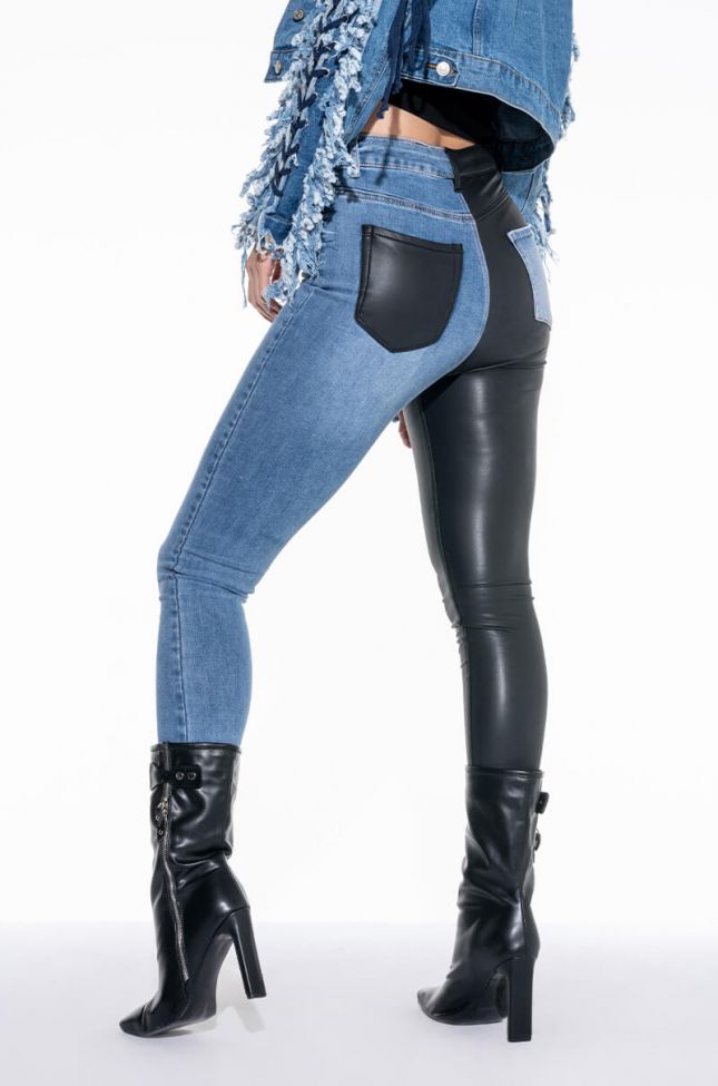 Front View Flex Fit Extreme Stretch Half And Half Pu High Waist Skinny Jeans