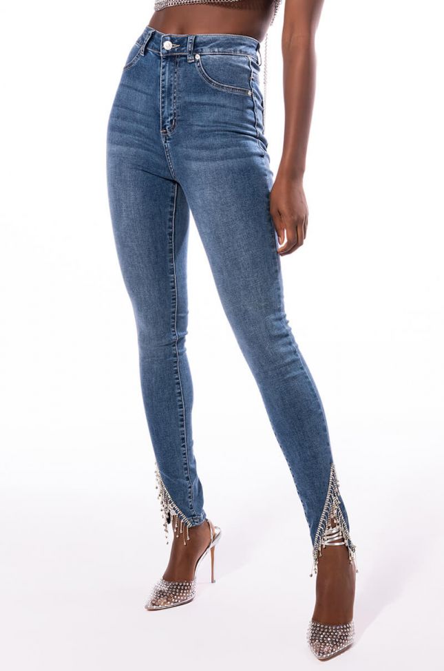 Front View Flex Fit Extreme Stretch High Rise Skinny Jeans With Rhinestone Ankle Detailing