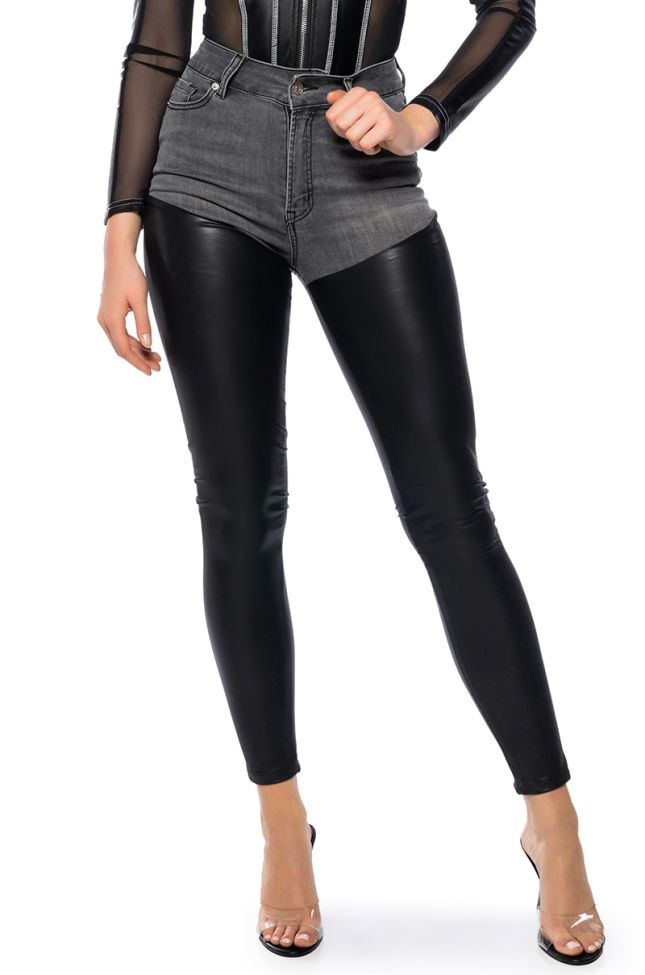 Front View Flex Fit Extreme Stretch High Waist Skinny Jeans With Faux Leather In Black