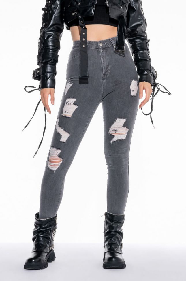 Front View Flex Fit Extreme Stretch High Waisted Distressed Skinny Jeans
