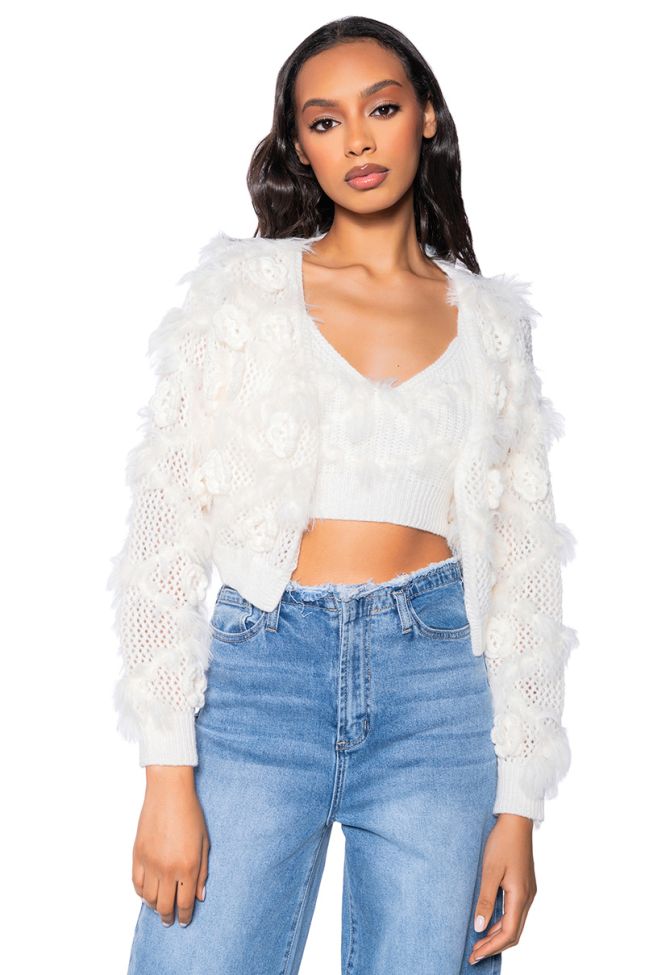 Side View Floral Detail Cardigan And Bralette Set In White