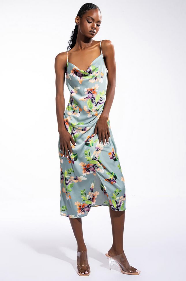Front View Floral Picture Of Class Satin Slip Dress