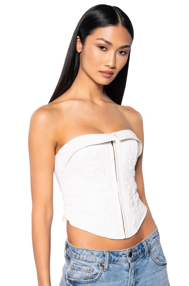 Front View Flower Child Faux Leather Corset Top