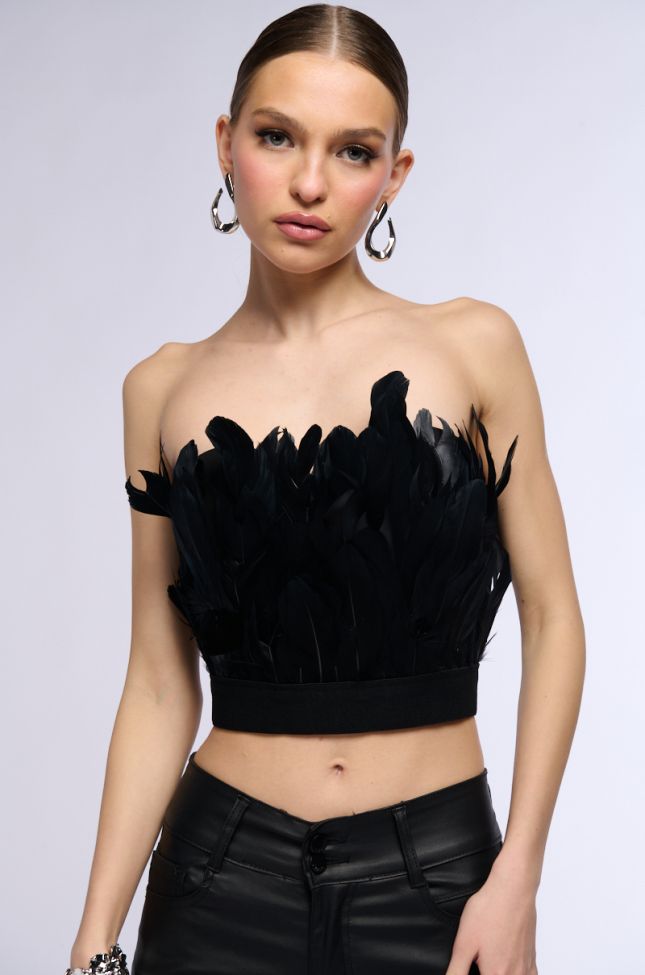Front View Fly Away Feather Tube Top In Black