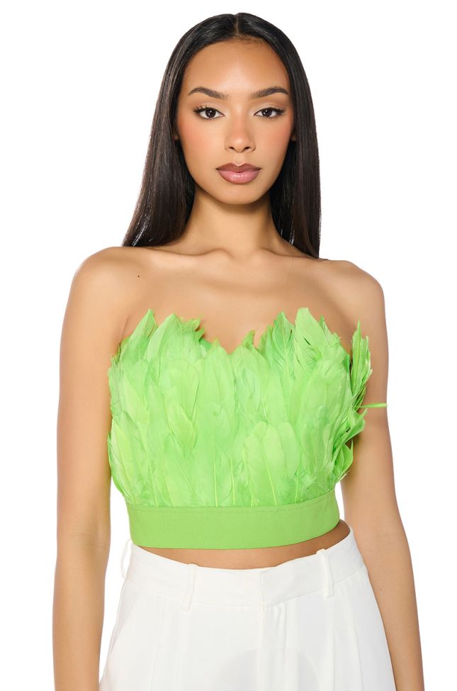 Front View Fly Away Feather Tube Top In Neon Green