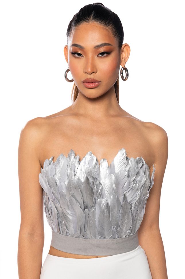 Front View Fly Away Feather Tube Top In Silver