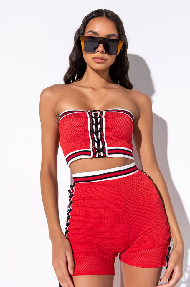 Front View Fly Girl Bandeau Top in Red Black