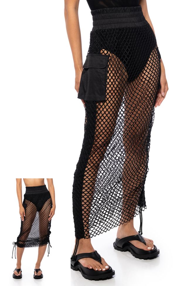 Front View Follow Me Adjustable Mesh Cargo Skirt In Black