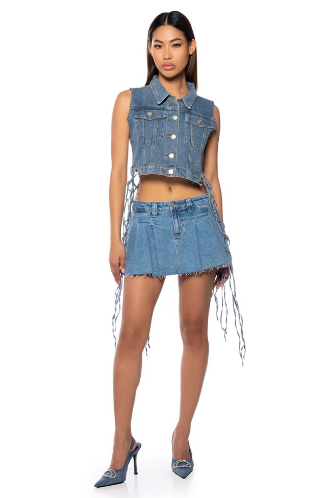 Front View For The Ages Crop Denim Vest With Netting