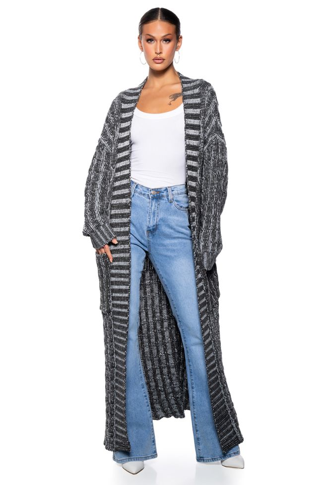 Front View For The Long Nights Knit Extra Long Cardigan