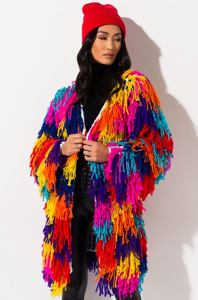 Front View Forever Together Fringe Cardigan in Rainbow Multi