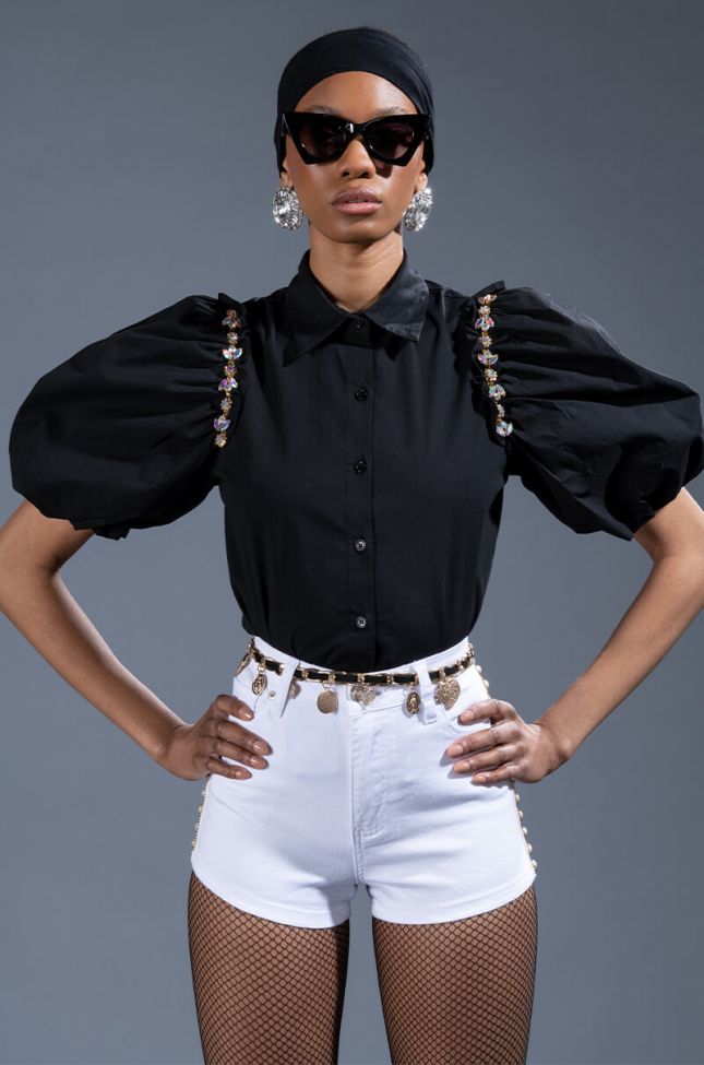 Front View Forever Young Embellished Short Sleeve Poplin Blouse