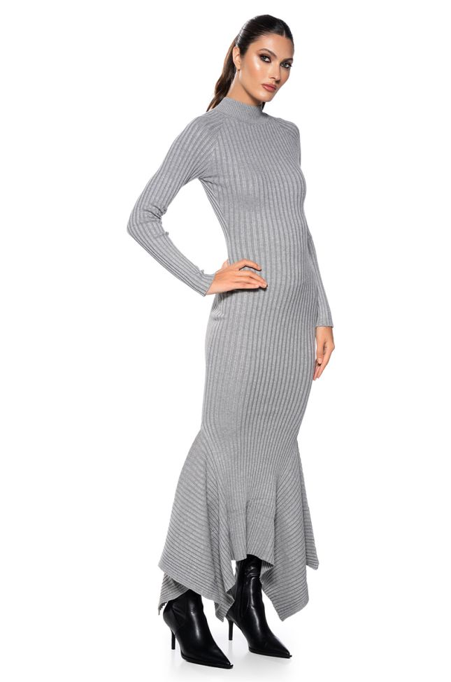 Side View Forget Me Not Long Sleeve Mock Neck Maxi Dress In Heather Grey